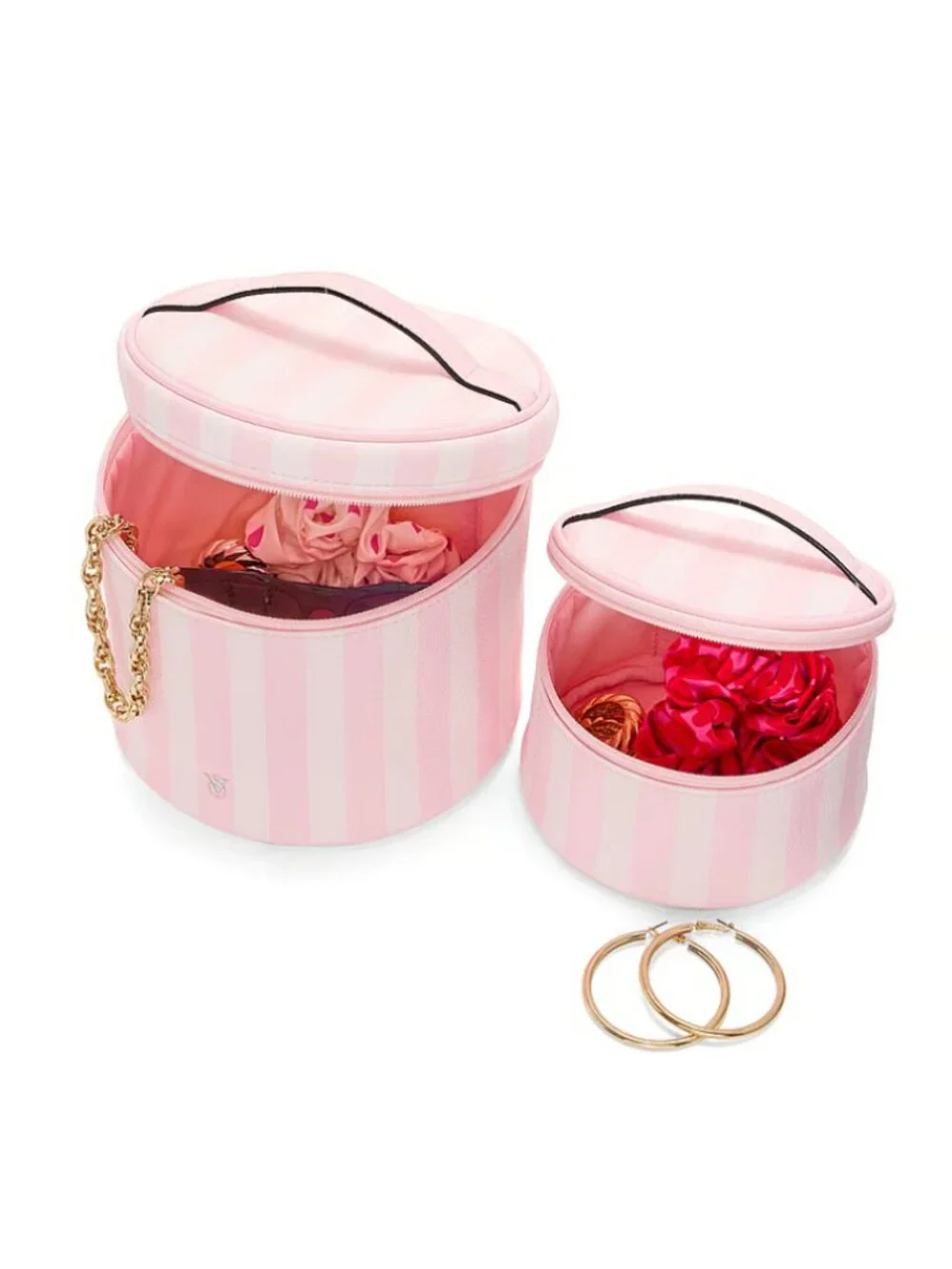 🎀 Victoria's Secret Makeup Heritage Striped Pink Travel Cosmetic Cases NWT